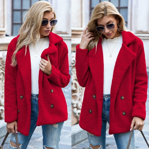 Sherpa Fusion Double-Breasted Coat - Red - Picture 4 of 5